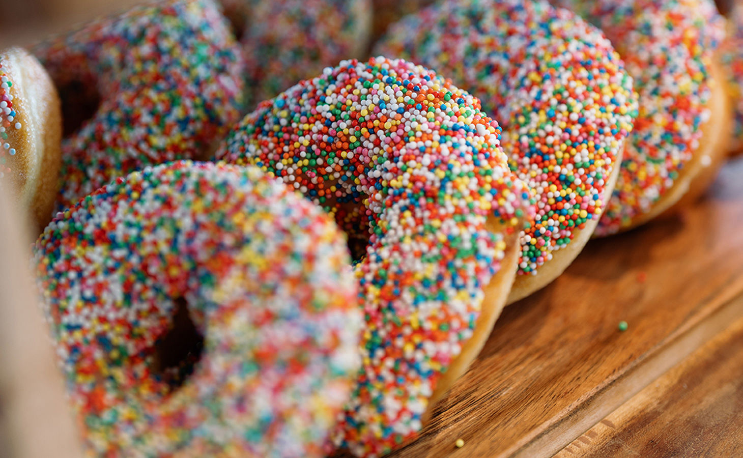 Sprinkle donuts on display at Cubby Kiosk